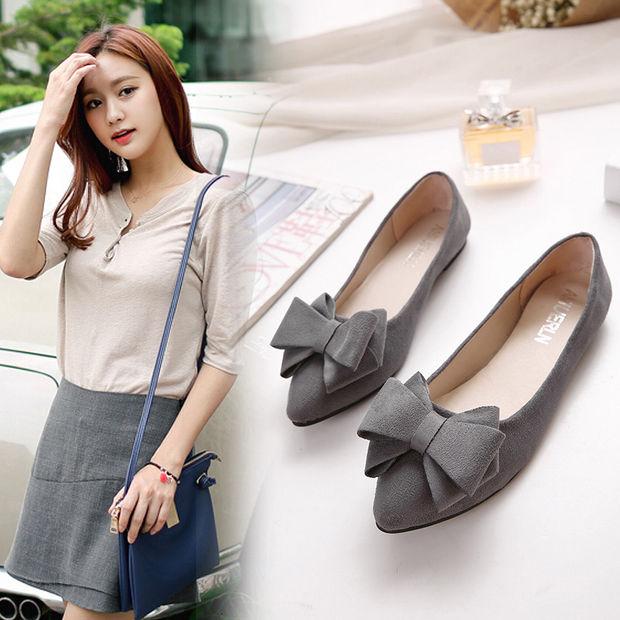Spring New Single Shoes Women's Shoes Pointed Shallow Mouth Flat Heel Flat Bottom Bow