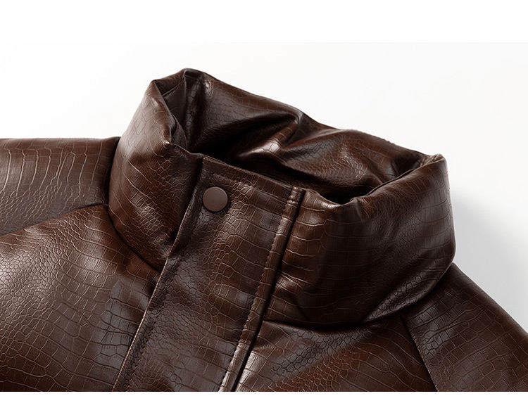 2025 Men's American Style Crocodile Pattern PU Leather Winter Jacket - Thick, Loose, Plus Size Cotton Coat
