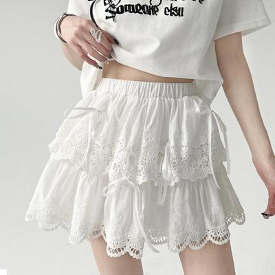 Bílá krajková sukně pro ženy Jaro Léto Sladká Roztomilá mašle Minisukně A-line Pružný pas Tenký Lolita styl Dámské oblečení Y2K