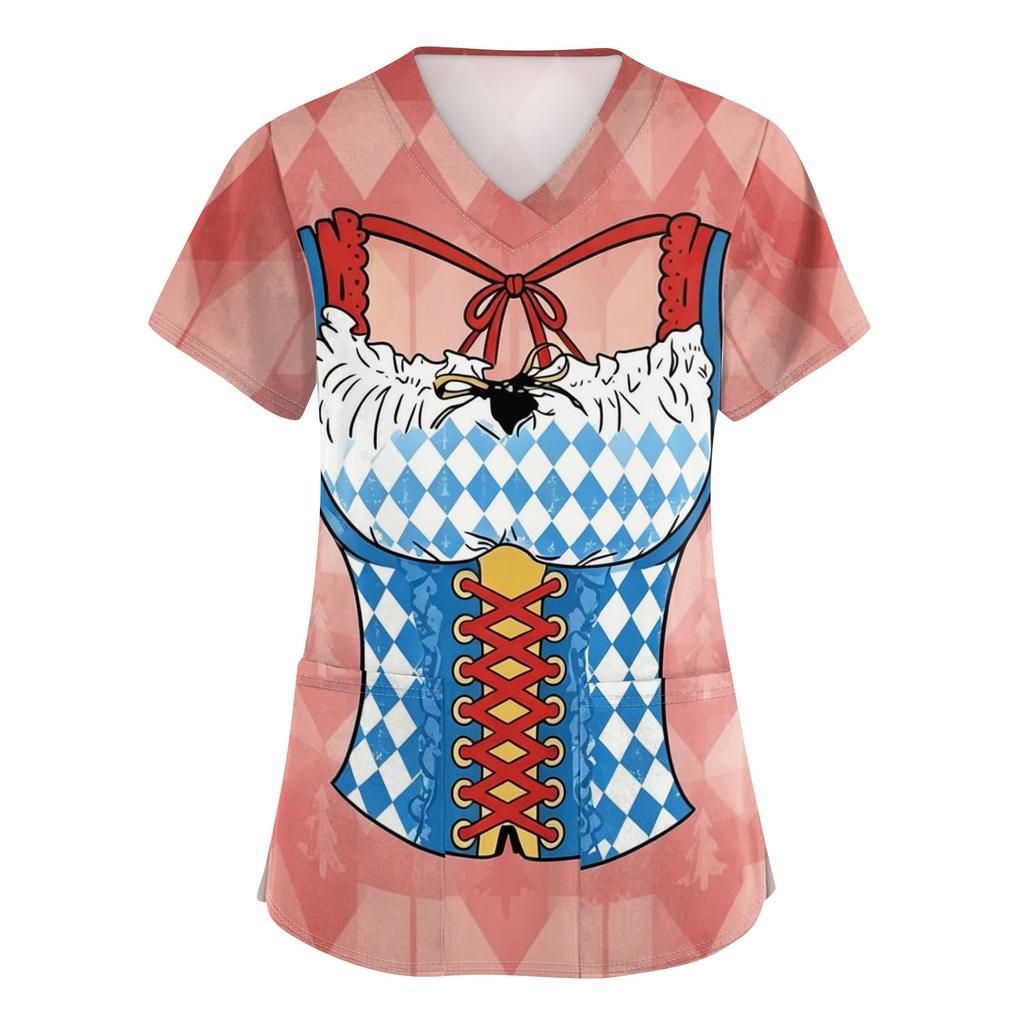 Women V Neck Short Sleeve Work Shirt with Pockets Oktoberfest Printed Top Nursing Uniform Medical Scrub Tee for Healthcare Staff