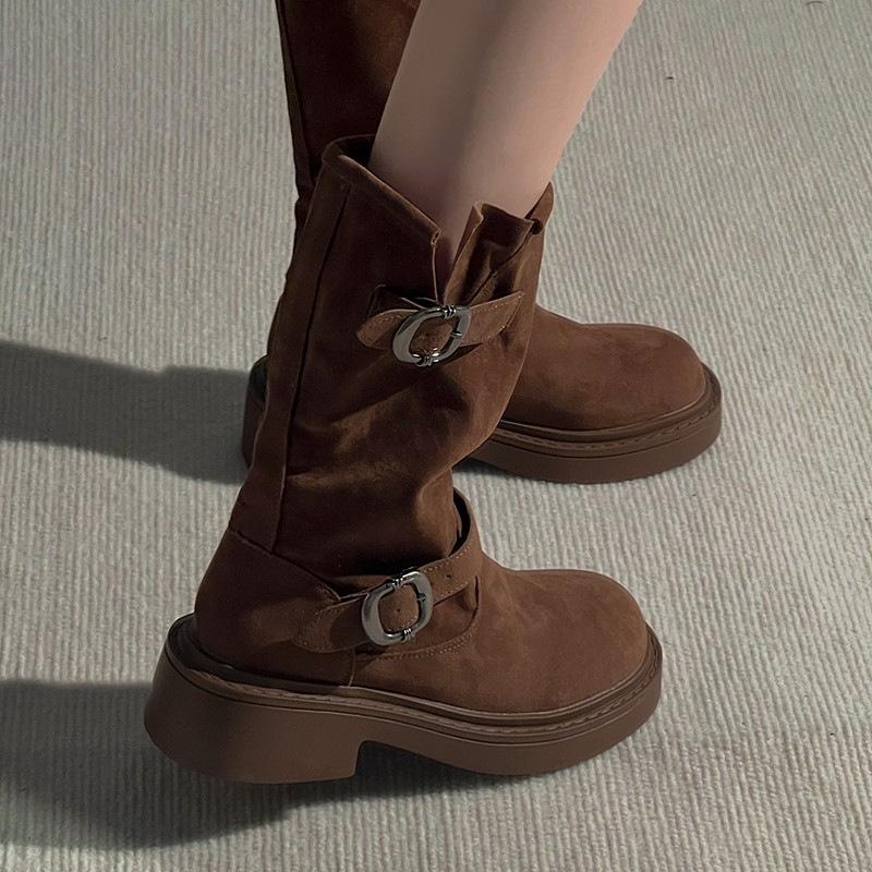 Platform-soled locomotive short boots women's 2025 autumn new Internet celebrity mid-tube Martin boots retro western cowboy stacking boots