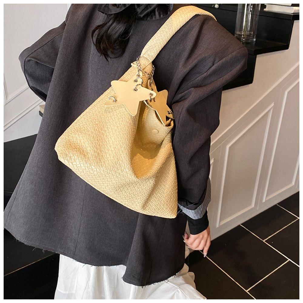 Large Capacity Weave Tote Bag Bucket Bag Silver Shoulder Bag Casual Pu Handbag  Students