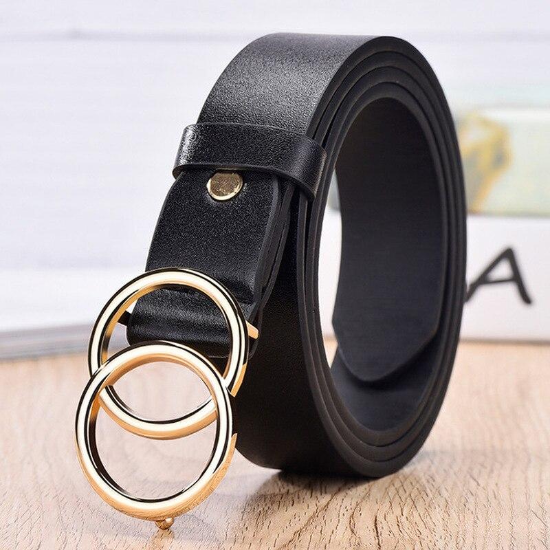 Round Belt Woman Gold Buckle Black Leather Belts for Women Jeans Fashion Ladies Waist Ceinture Femme Waistband