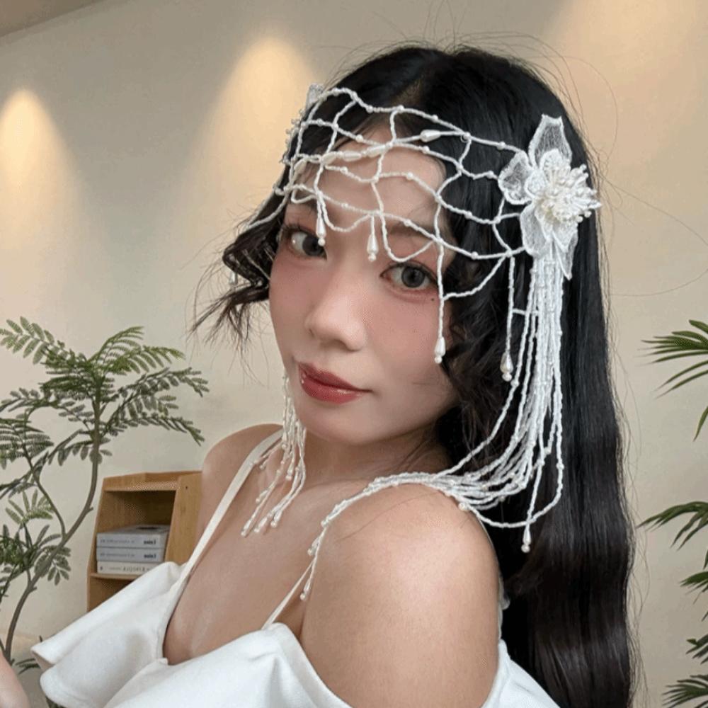 French Style Bridal Headband Lace Wedding Headgear Fringed Hairpin Lace Floral Net  Wedding