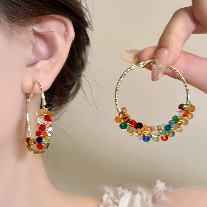Y2K Colored Bead Crystal Pearl Exaggerated Hoop Earrings for Women Luxury Round Irregular Earring High-End Travel Accessory Gift