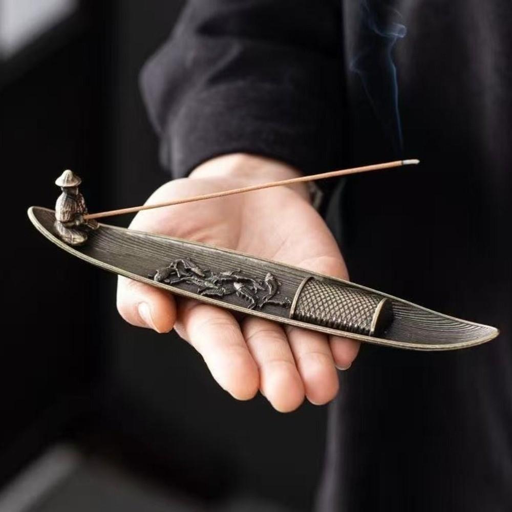Ancient Style Boat Shape Incense Holder Old Men Fishing Metal Incense Burner Traditional Sturdy Incense Censer Tea Room