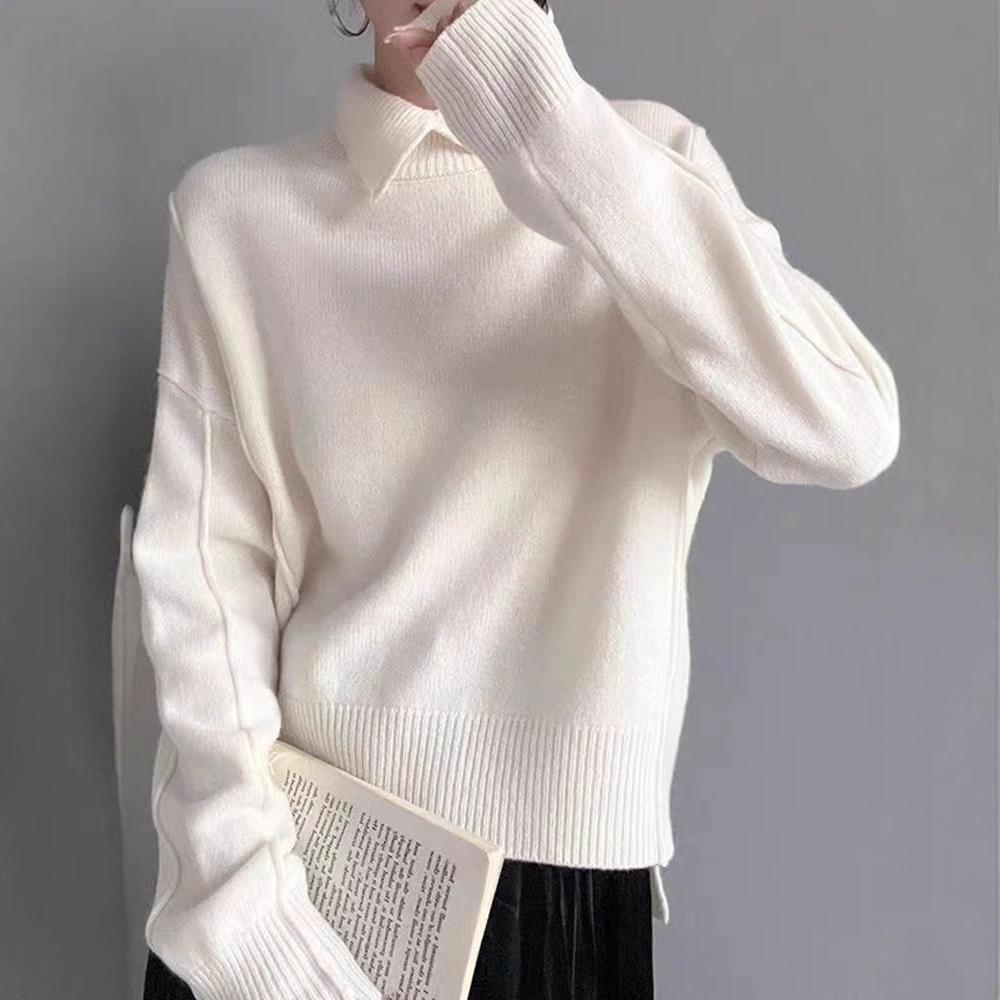 Solid-color Sweater Women Loose Long-sleeved Pullover with Lapel Paired with Turtleneck Loose Knitted Base Layer Top