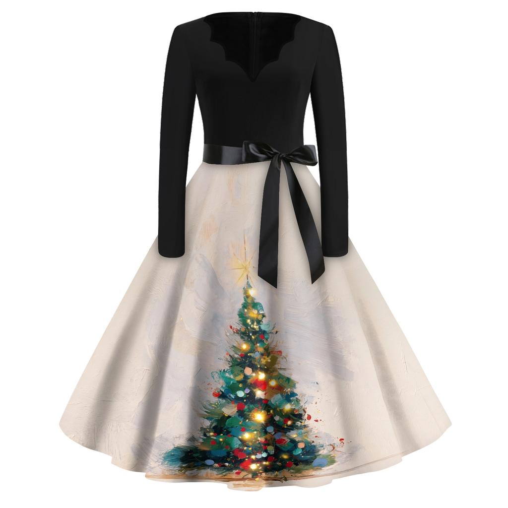 Women's Vintage V-Neck Long Sleeve Christmas Print Casual Dress