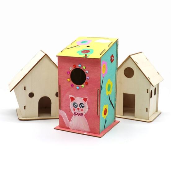 DIY Wood Birdhouse Kit Unfinished Log Home Craft Project with Safe Paint Wooden Crafts Boys And Girls Graffiti Bird Nest for Kids