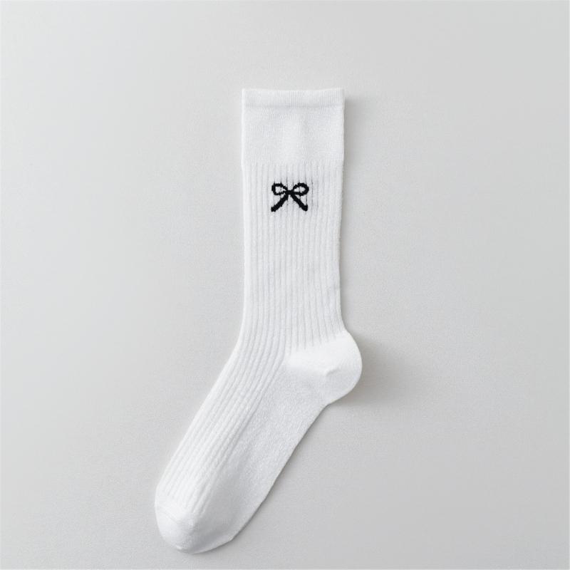 Cute Bowknot Pattern Long Calf Length Socks for Women and Girls Breathable Mesh Ribbed Student Cotton Stockings Hosiery