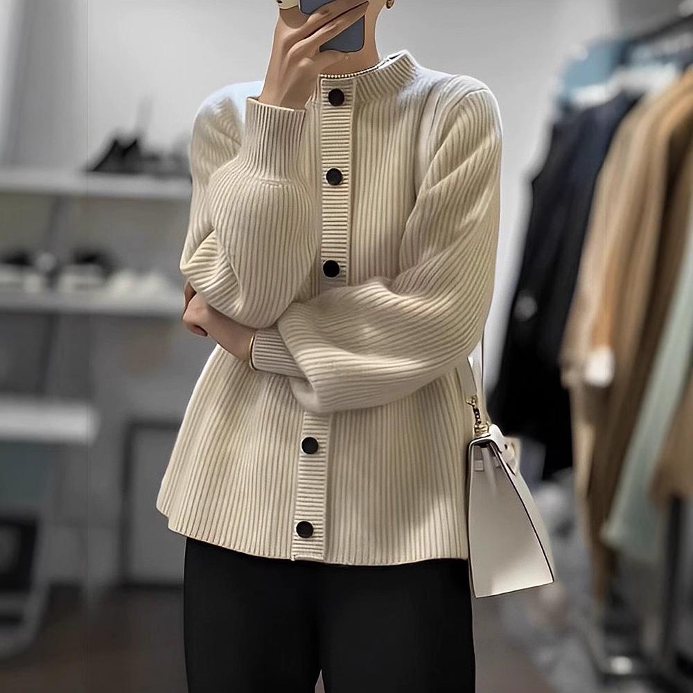 

Korean Retro Wool Half-High Neck Lantern Sleeve Knit Cardigan for Women S