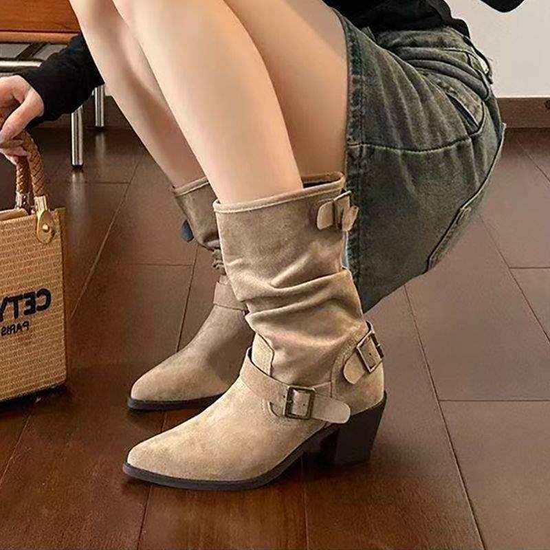 Retro Internet celebrity heap boots women 2025 autumn new thick heel pointed mid tube knight boots western cowboy boots women