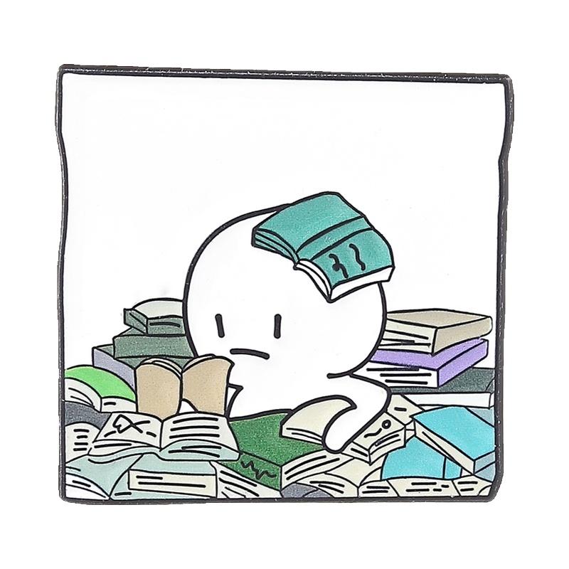 

Cartoon Overwhelmed Book Lover Enamel Pin Exaggerated Figure Buried In Books Lapel Brooch Humorous Gift For Teens