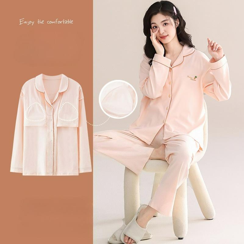 Spring and Autumn Pajamas, Women's Long-sleeved Trousers, Cotton Homewear, Sweet Solid Color Suit