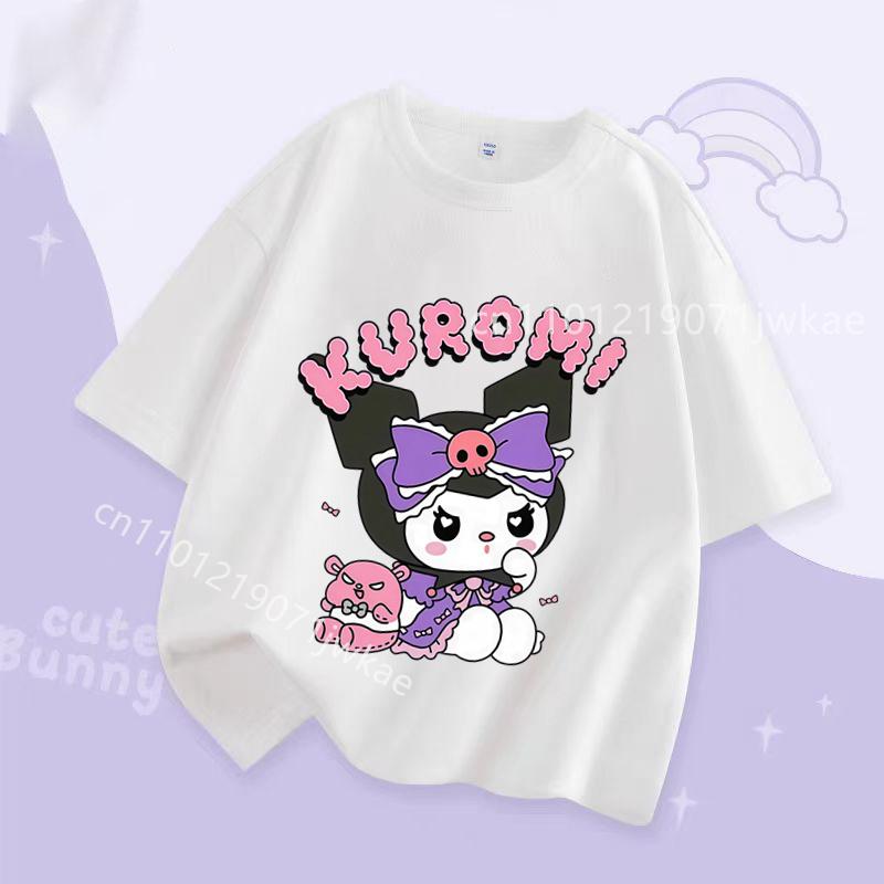 Kuromi Girl T Shirt Purple Cartoon Print Kids Tops Short Sleeve Tees Summer Breathable Cute Baby Casual Clothes Birthday Gifts