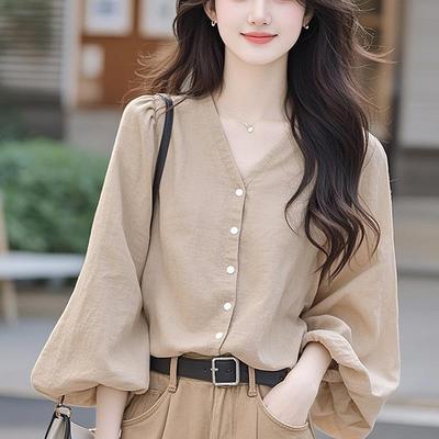 Koreanisches Temperament Kleines Oberteil Locker Bedeckend Fleisch Dünnes Khaki Hemd Damen Frühher Herbst