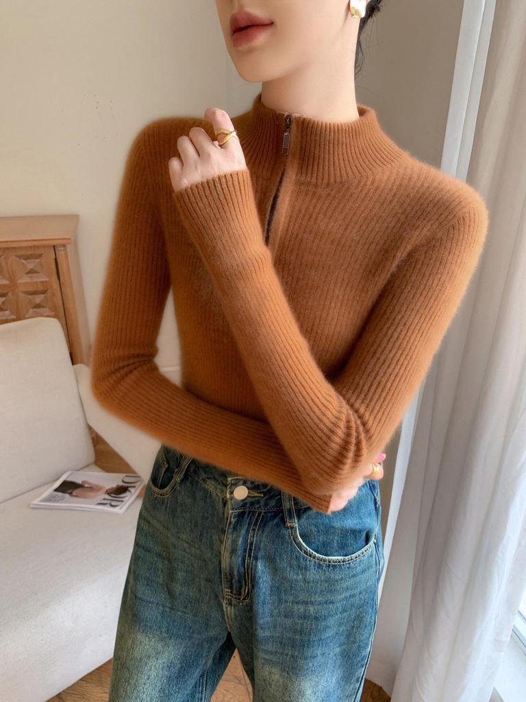 Women's Ribbed Cashmere Half-High Neck Zipper Sweater - Slimming Solid Color Base Layer for Autumn/Winter
