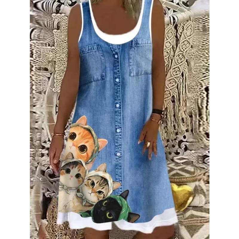 Women's Fashionable Printed Casual Sleeveless Dress, Machine Washable, Comfortable and Versatile