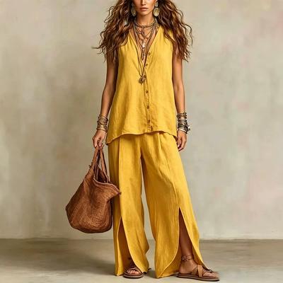 Women's Loose Fit Two Piece Pant Suit Sleeveless V Neck Linen Blend Shirt Split Wide Leg Trousers Vacation Matching Set