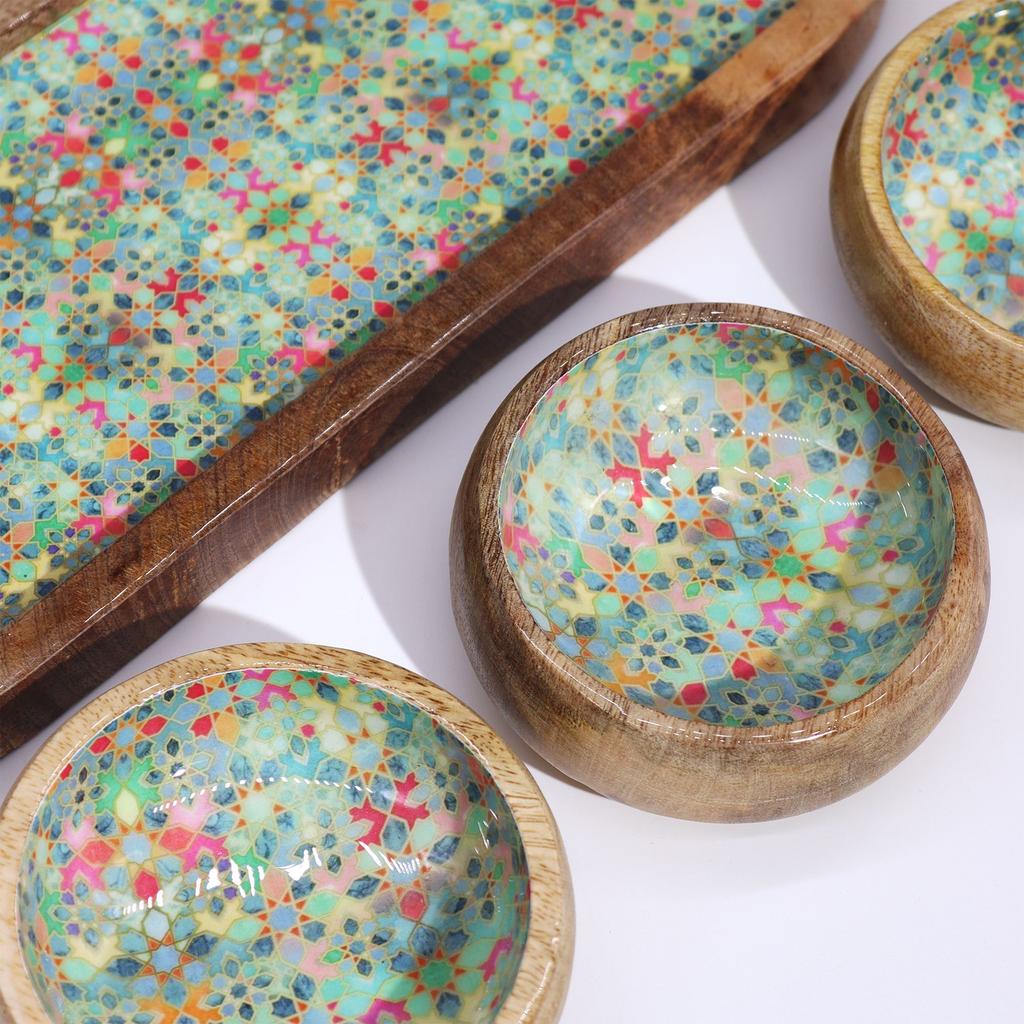 Serving Tray With 3 Ceramic Bowls, Mango Wood