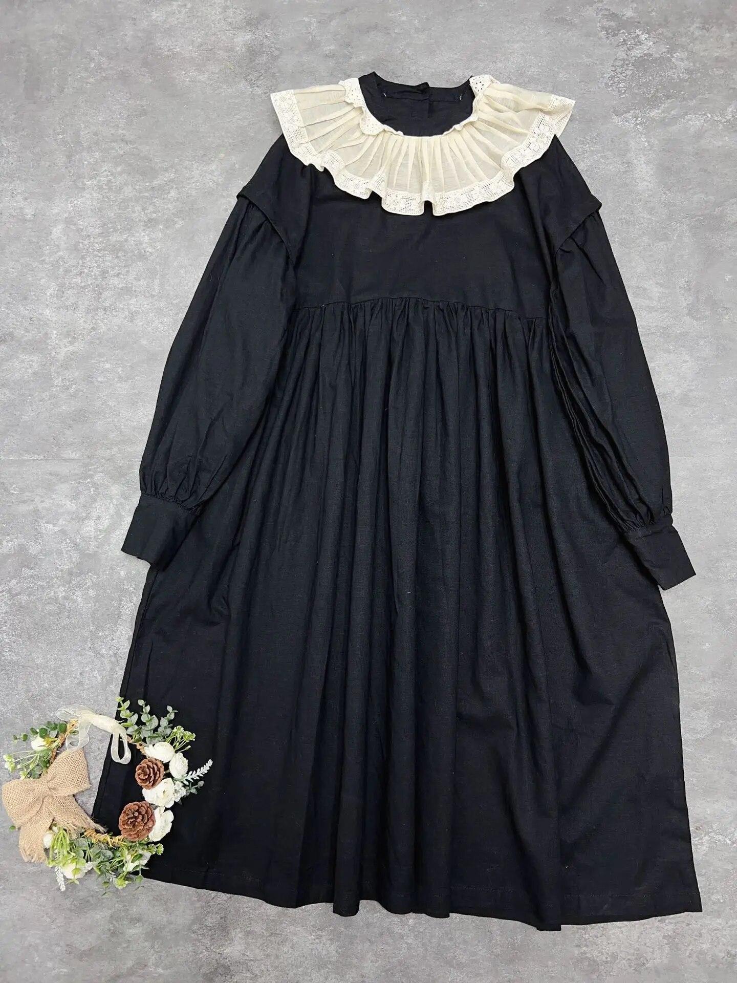 

Johnature японское мори женское хлопковое платье с рюшами и воротником винтажное повседневное свободное платье с длинными рукавами и простыми карманами весеннее платье One Size чёрный