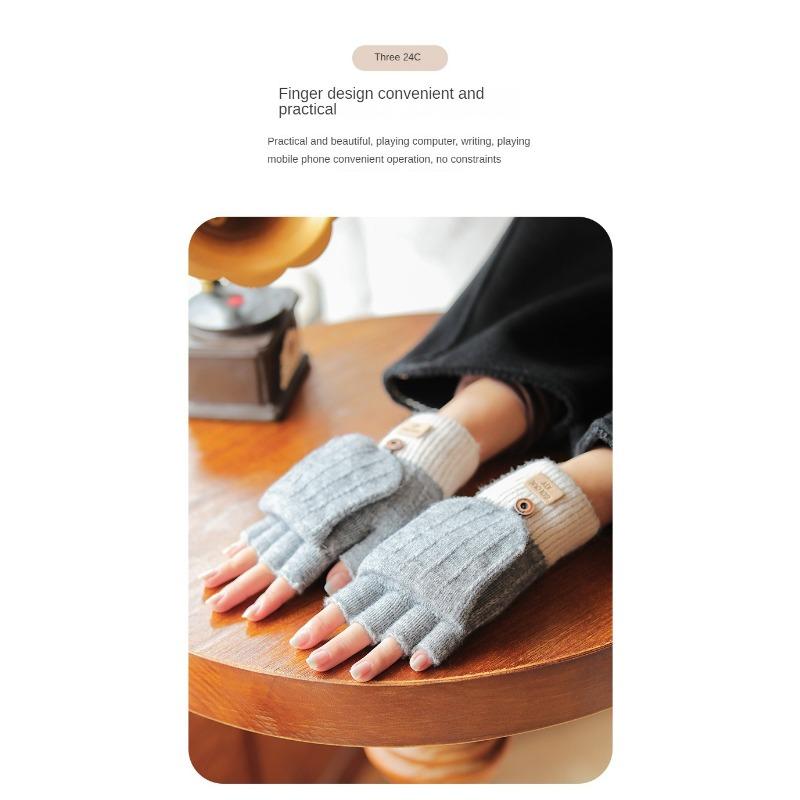 Half Finger Flip Korean Style Gloves Winter Women's Cute Fleece-Lined Cold-Proof Warm Wool Knitted Autumn and Winter Open Finger