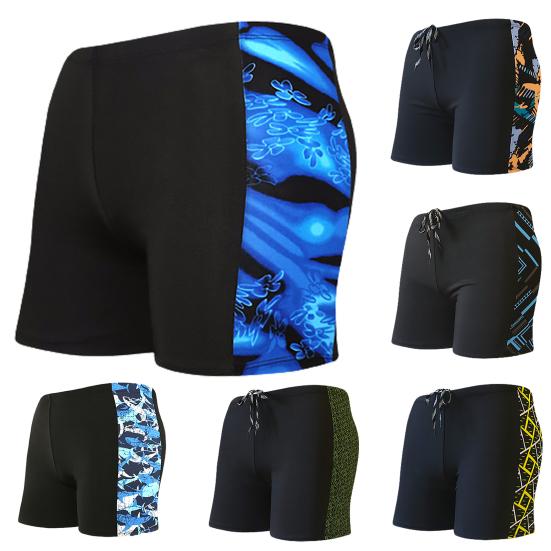 Inner Drawstring Mid-rise Swimming Trunks with Lining Streamlined Design Elastic Waistband Men Shark Print Stitching Swim Shorts Beachwear
