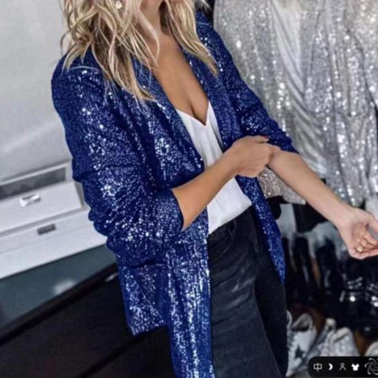 Shiny Sequins Women Casual Loose Fit Long Sleeve Cardigan Lapel Open Front Solid Color Suit Coat Clubwear Jacket