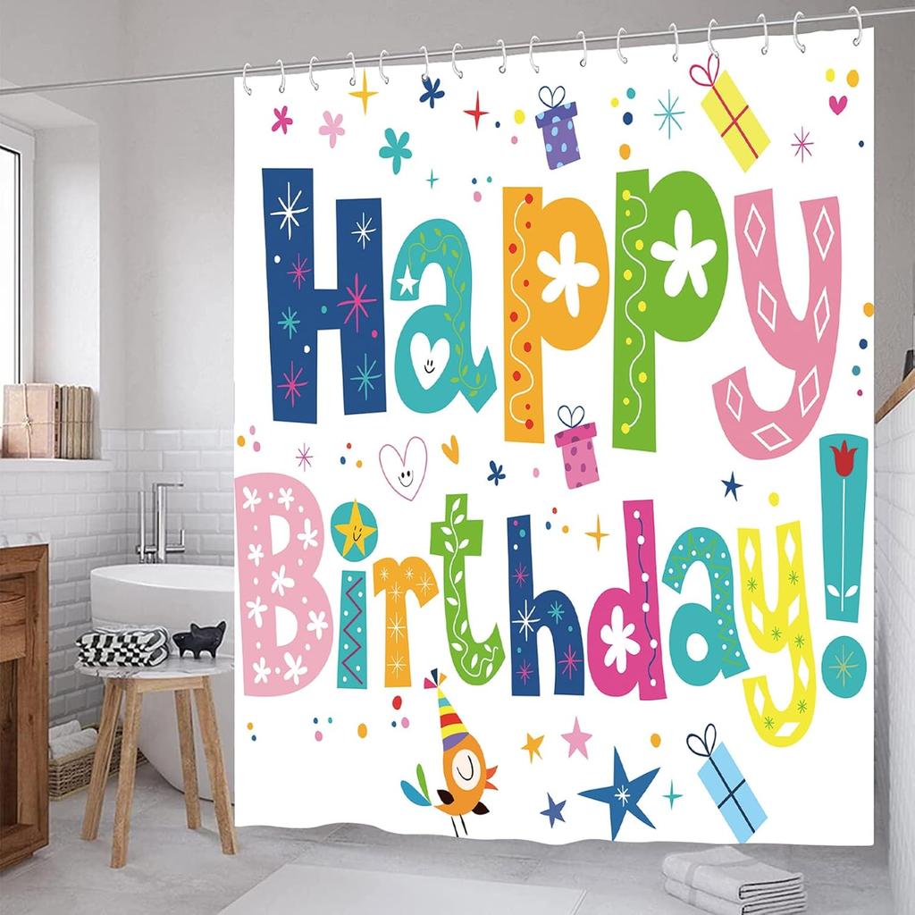 Happy Birthday Rainbow Shower Curtain for Kids Party  Polyester Fabric Bathroom Decor with Colorful Celebration Pattern