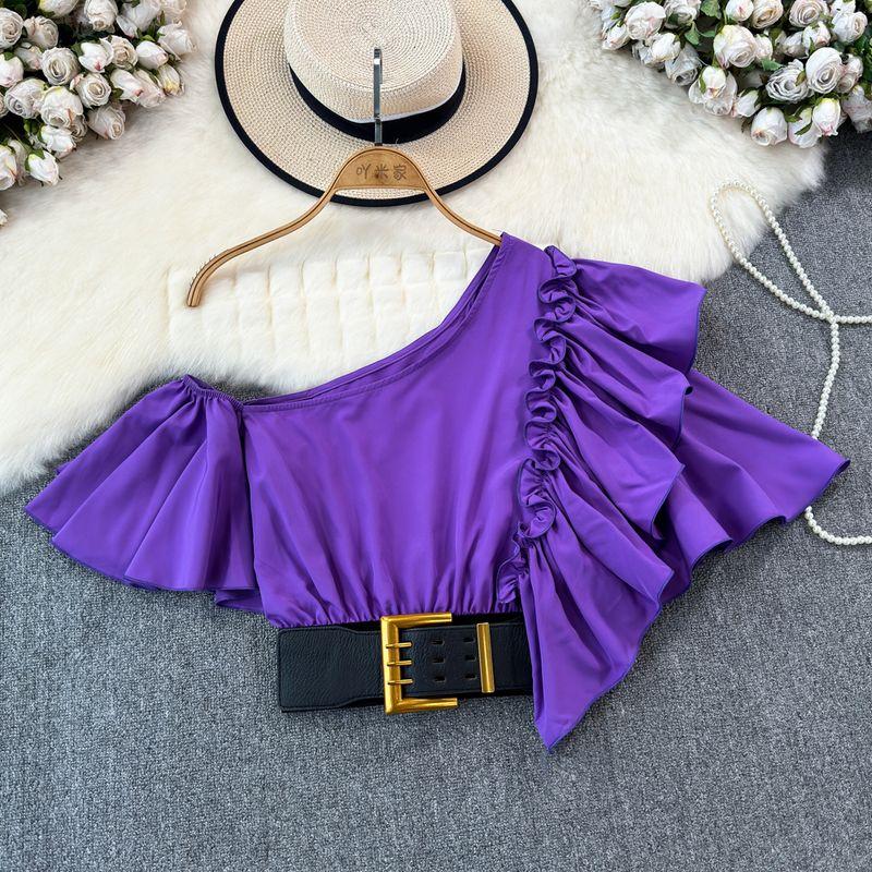 

INS Collarbone Silm Irregular High Waist Tops Shirt Purple One size