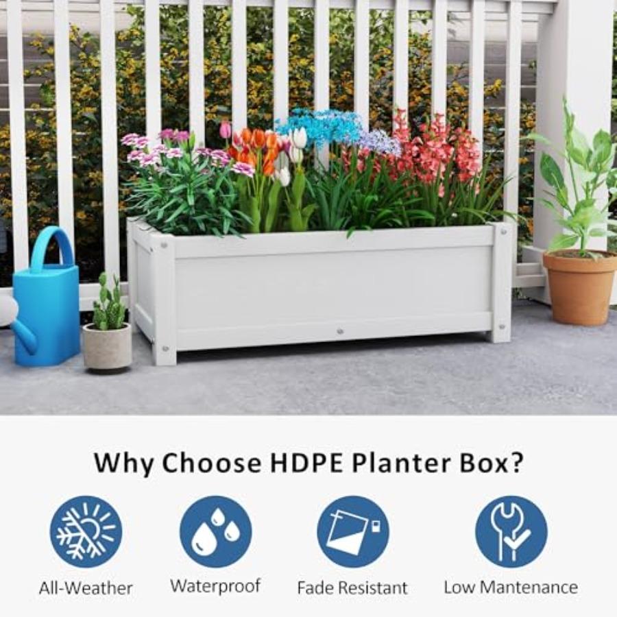 HDPE Raised Planter Box Outdoor Rot-Resistant and Non-Cracking Rectangle Planter 29.5 14.4 9.8 In White with Drainage Holes for