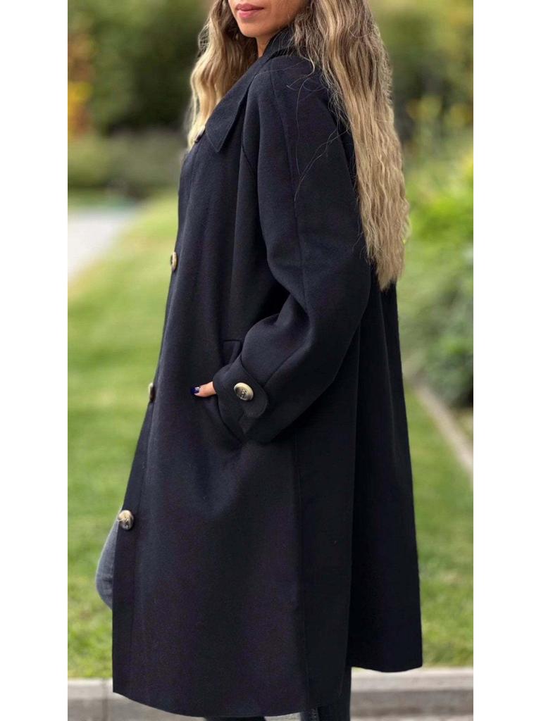 2025 Autumn/Winter Casual Woolen Coat Jacket - Solid Color with Buttons