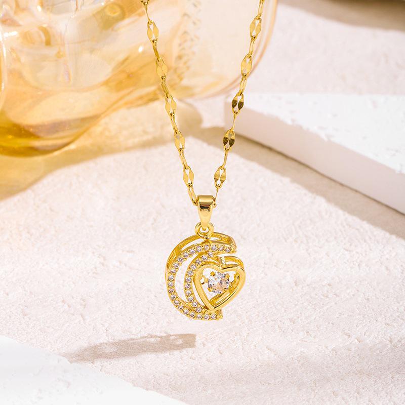 Lively Heart & Moon Necklace - Women's Rose Gold Korean Design, Non-fading Collarbone Chain with Love Pendant