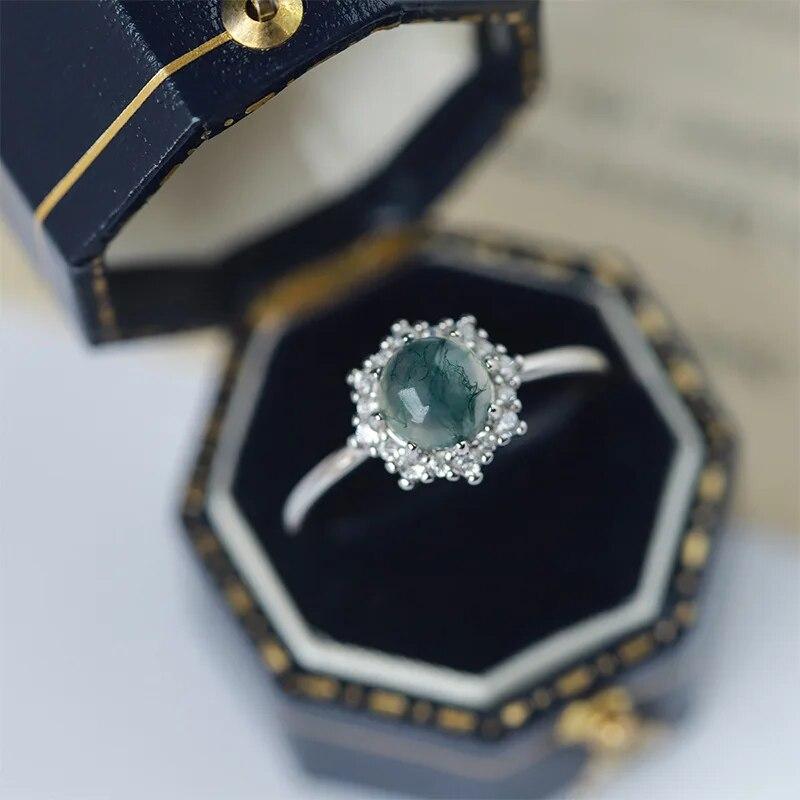 Luxurious Natural Stone Texture Different Green Moss Grass Agate Vouple Flower Ring For Women Sterling S925 Silver Gift Jewelry