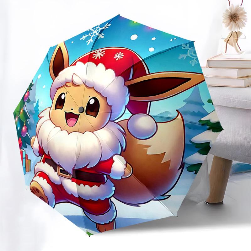 1pc Christmas Eevee Santa Claus Umbrella - Auto Open Close, Portable 3-Fold Design, 8-Bone Iron Frame, Outdoor Umbrella, Festive Gift for Fans, Travel