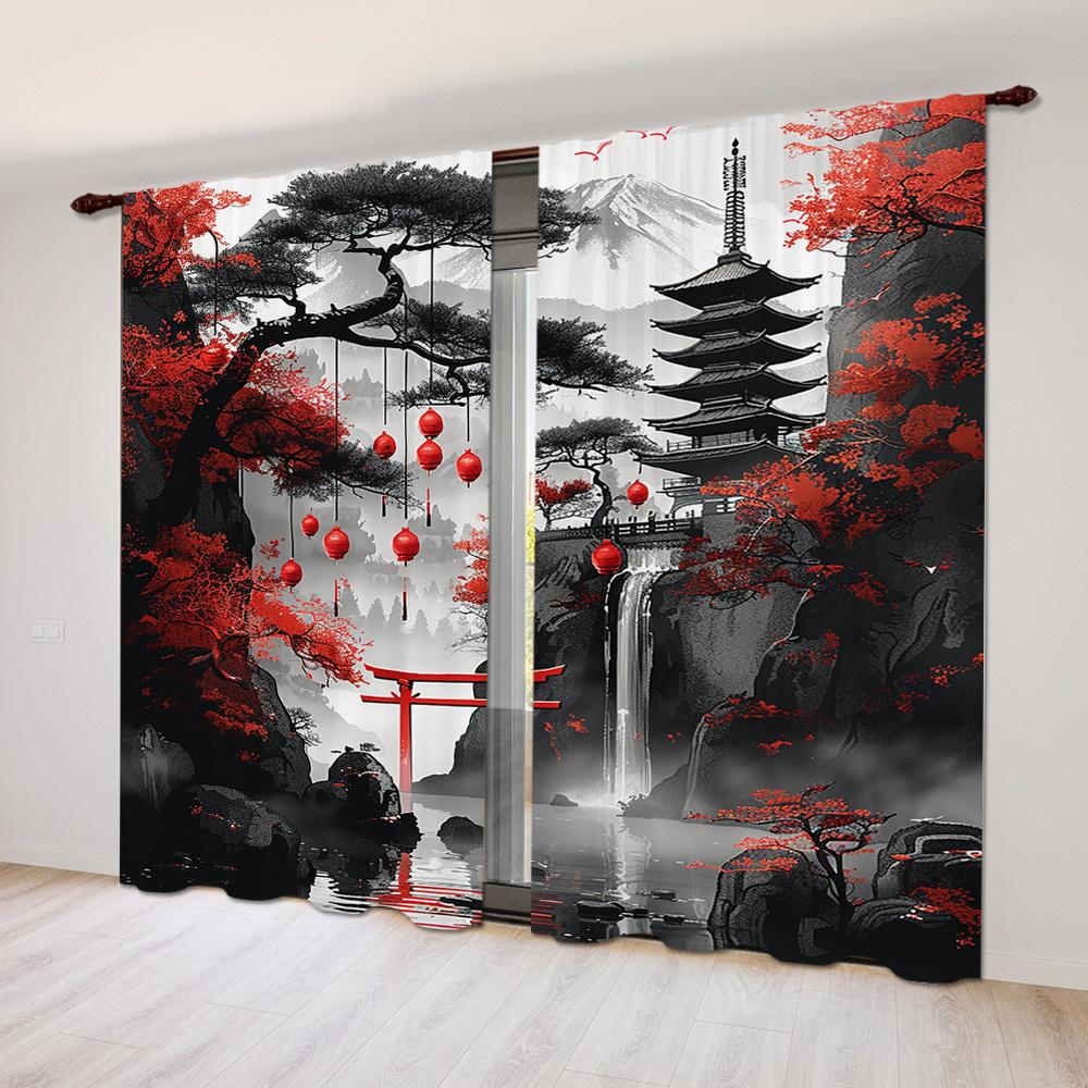 2pcs Semi-Blackout Curtain Japanese Landscape & Torii Gate Design Polyester Woven Contemporary Style Machine Washable Rod Pocket