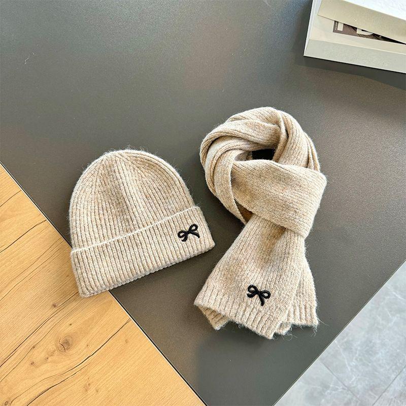 Autumn Winter Cute Bow Embroidered Knitted Cap And Scarf 2-Piece Set For Children