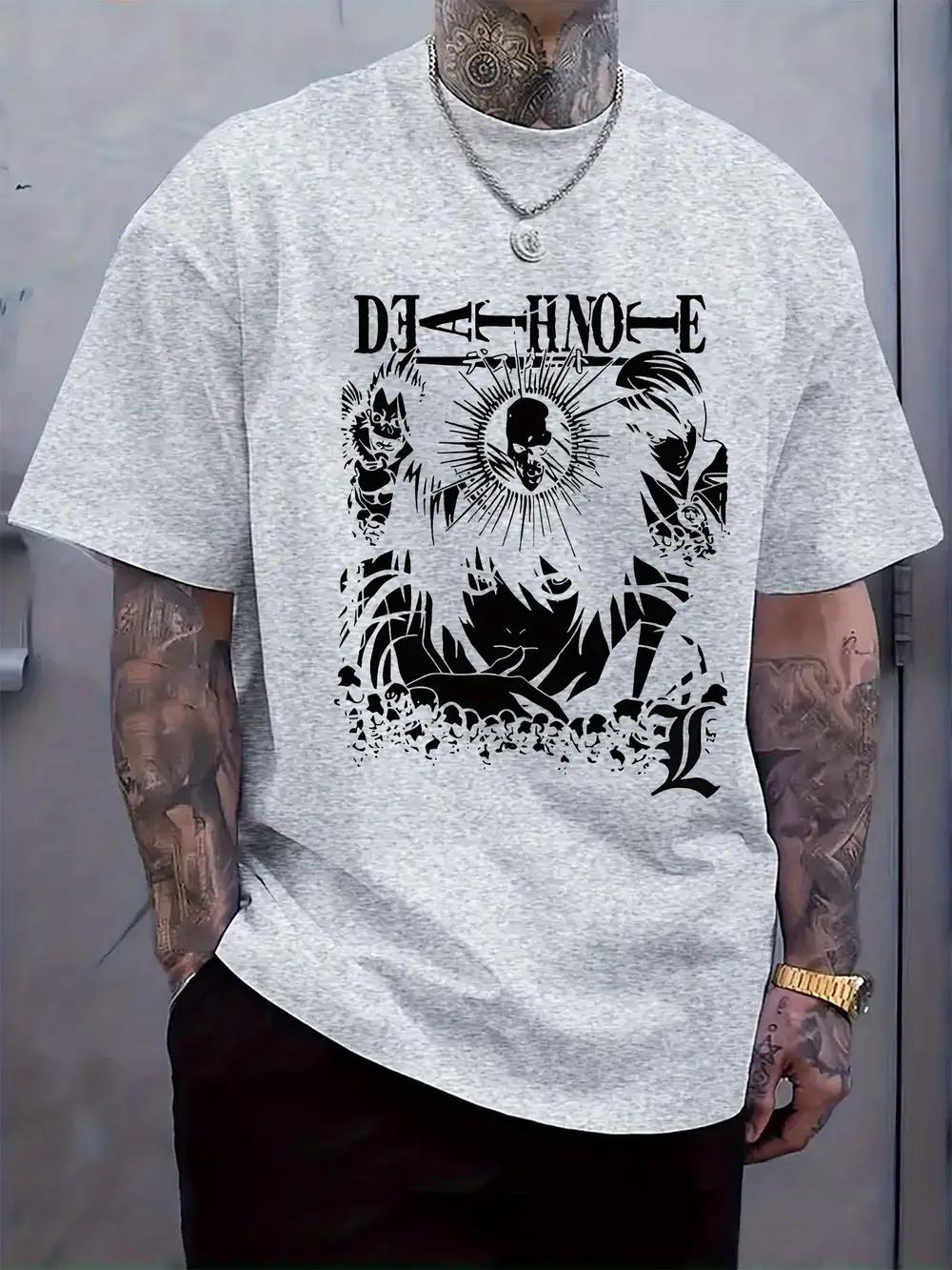 Death Theme Black and White Illustration Print T-shirt - Casual Crew Neck Short Sleeve Tee with Lion Graphic L
