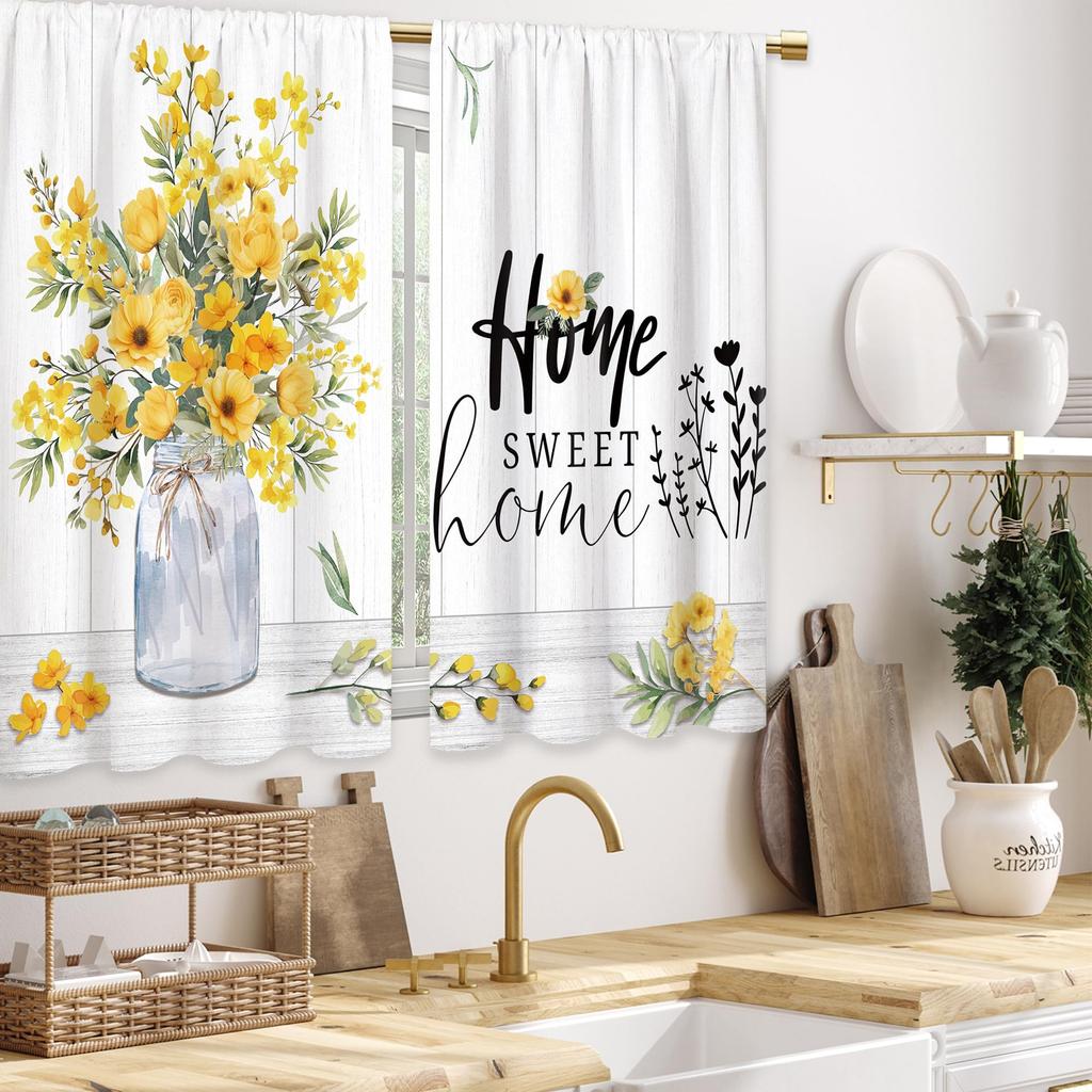2 Panels Rustic Yellow Floral Kitchen Curtains Farmhouse Bathroom Window Treatment Drapes Cafe Small Bedroom Short Curtains