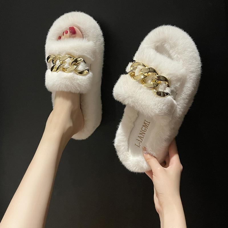 Thick-soled Mao Mao slippers women's outer wear 2025 new autumn and winter Mao Mao shoes home chain stepping on shit feeling one-word cotton drag