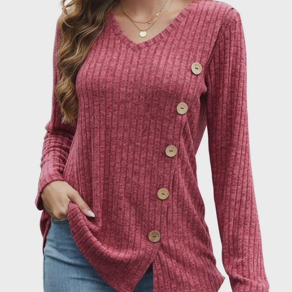 2023 Women's Autumn & Winter V-Neck Button Split Loose Long-Sleeve T-Shirt Top