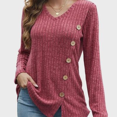 2023 Women's Autumn & Winter V-Neck Button Split Loose Long-Sleeve T-Shirt Top