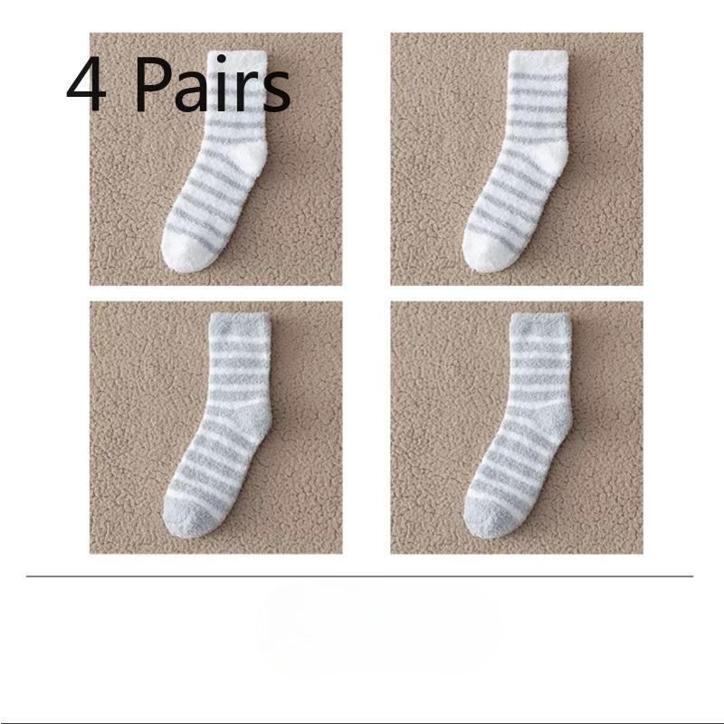 4 Pairs of Winter Coral Fleece Sleeping Floor Socks for Warm Feet and Home Men, Thickened, Warm and Cold-proof Mid-calf Striped