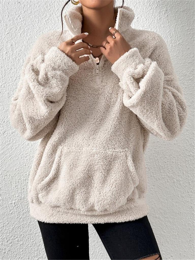 Damen-Sweatshirt mit Stehkragen, modischer einfarbiger Pullover, Sherpa, lässige Oberbekleidung
