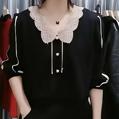 Blusa casual a maglia a tinta unita con colletto e chiffon a contrasto - Perfetta per donne alla moda