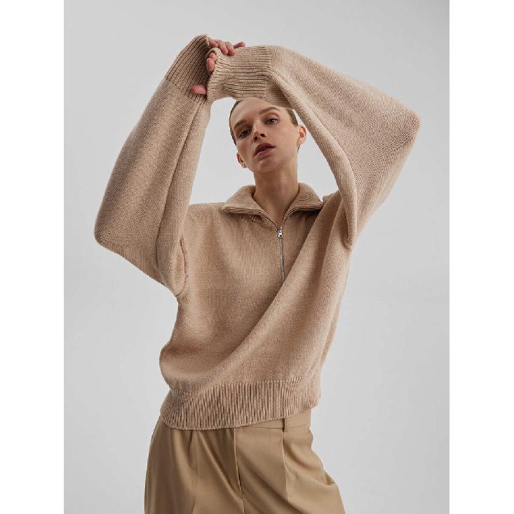 Knitted Lady'S Sweater Stand Collar Drop Shoulder Sleeves Loose Oversized Zippers Fluffy Pullover Autumn Casual Jumper