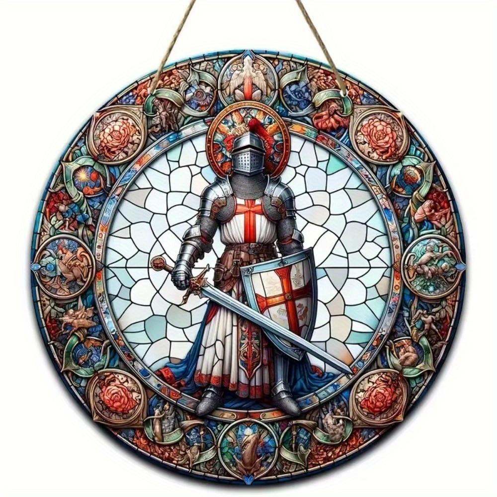 

1 шт. 2d плоский винтажный средневековый рыцарский художественный знак - 20 см круглый деревянный, бар кафе крыльцо гостиная спальня домашний декор, деревенский стиль креативный настенный декор 20cm*20cm