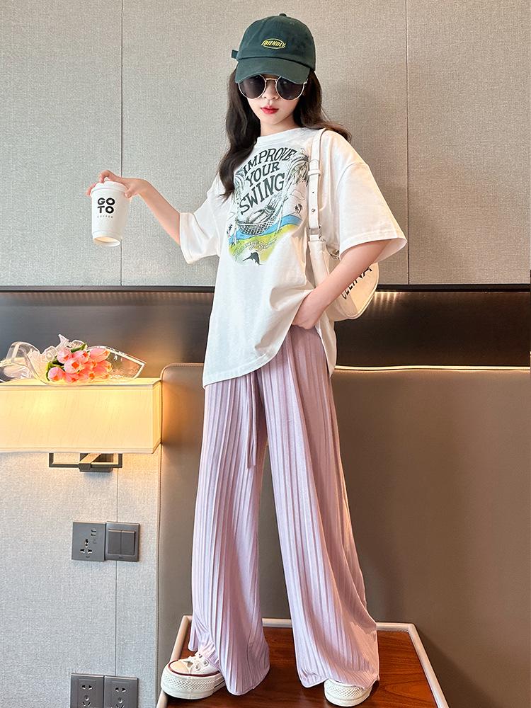 Girls' Ice Silk Wide-Leg Korean-Style Summer Pants - Breathable, Casual Long Pants for Kids 2025