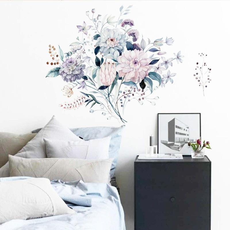 Romantic Flowers Wall Sticker Home Wall Decoration Living Room Bedroom Decals Literary Water Color Wallpaper Removable Stickers