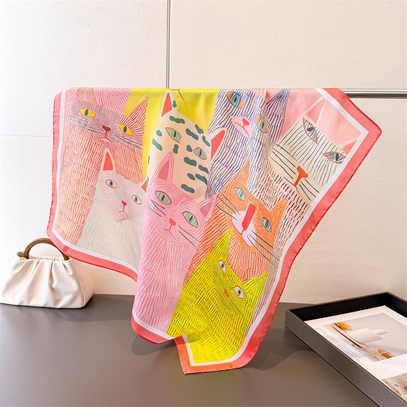 Luxury Cat Print Cute Style Square Scarves Women Silk Scarf Floral Bandana Small Neckties Hairbands Foulard Shawl